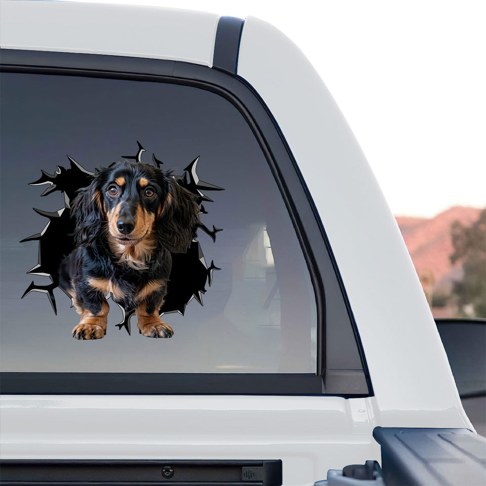 Vibrant transparent Dachshund vinyl sticker installed on the back window of a truck.