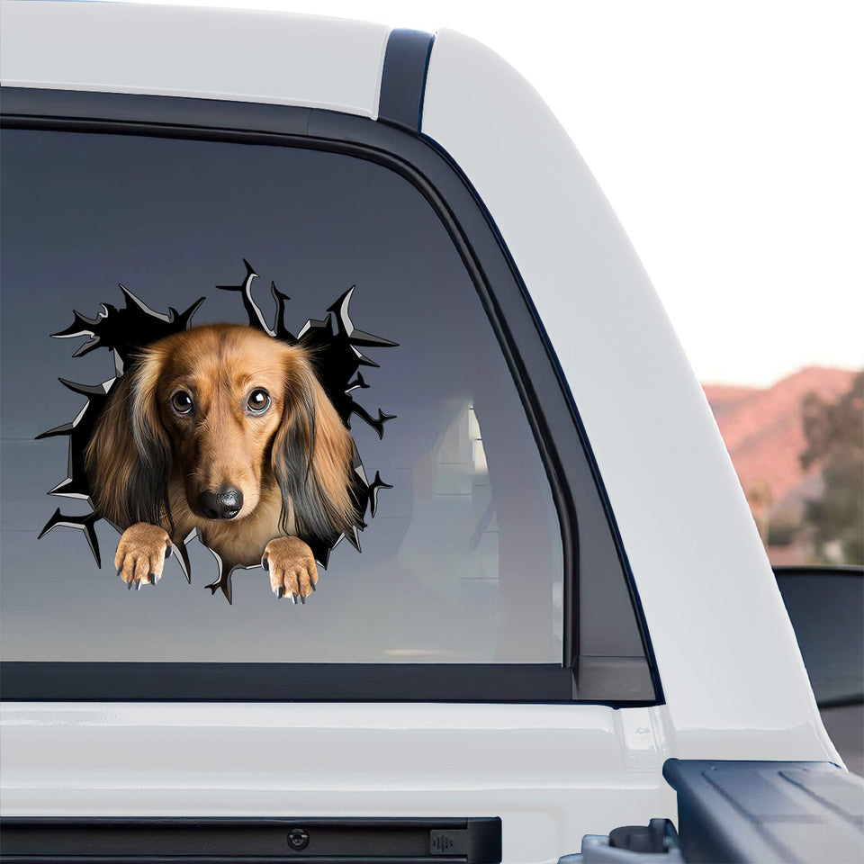 Detailed Dachshund dog decal applied onto the rear window of a truck parked outdoors.