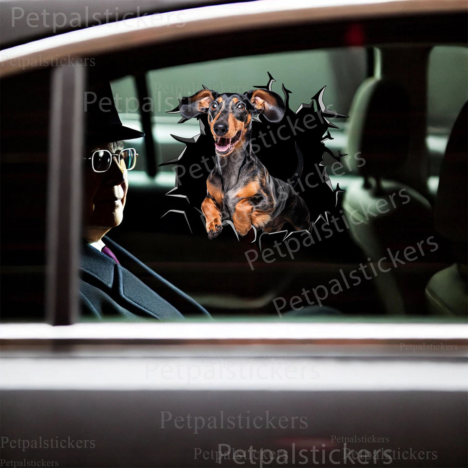 Vibrant Dachshund cracked glass decal displayed cleanly across a vehicle car door.