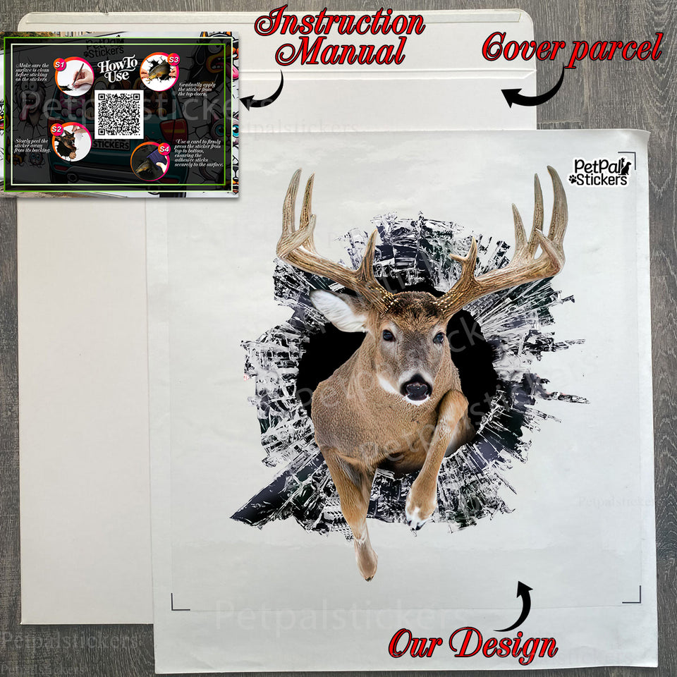 Protective product package containing the deer car decal and instructions.