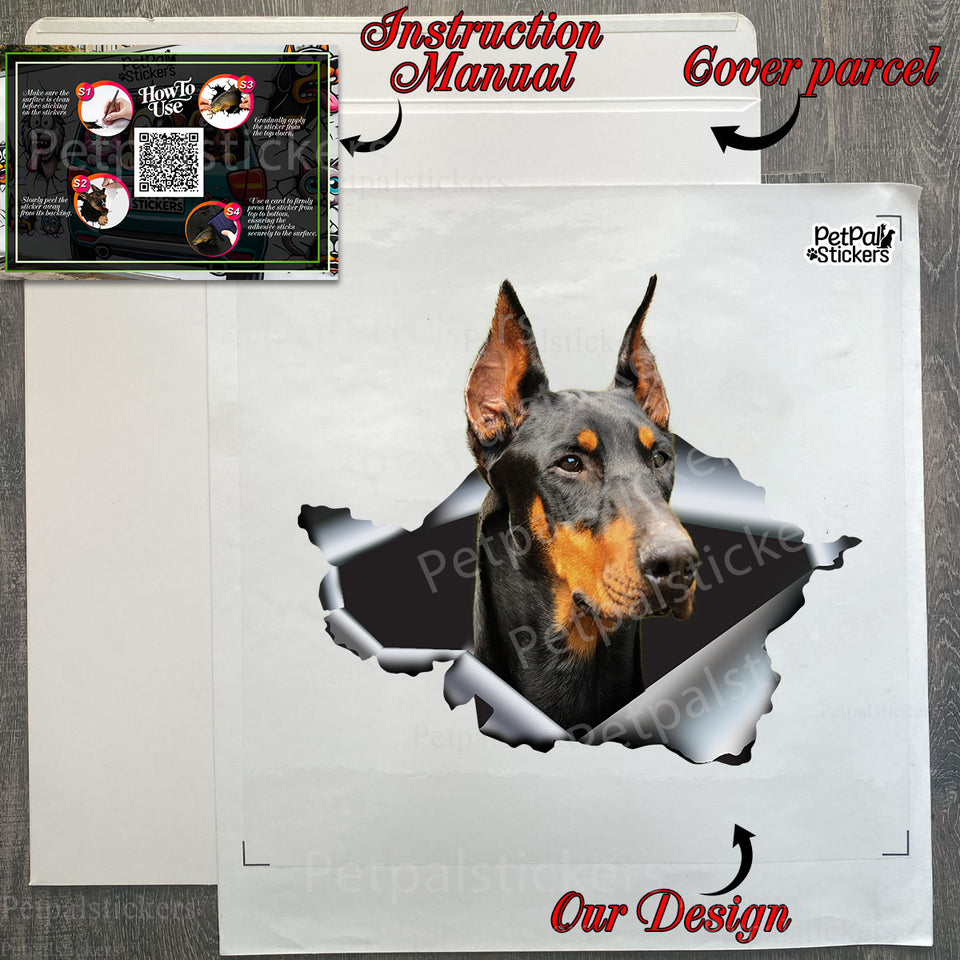 Unopened cardboard package containing the Doberman vinyl decal and instructions.