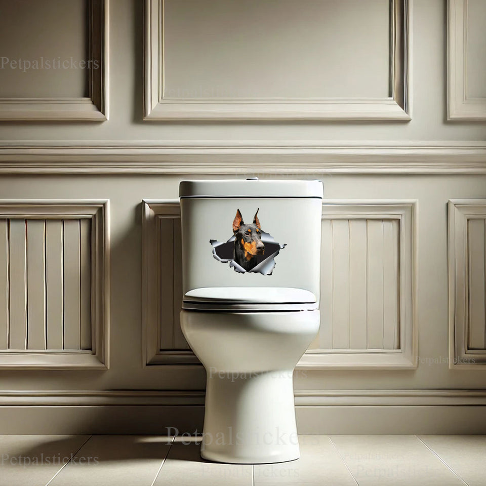 Playful Doberman dog decal placed seamlessly on a ceramic toilet lid surface.