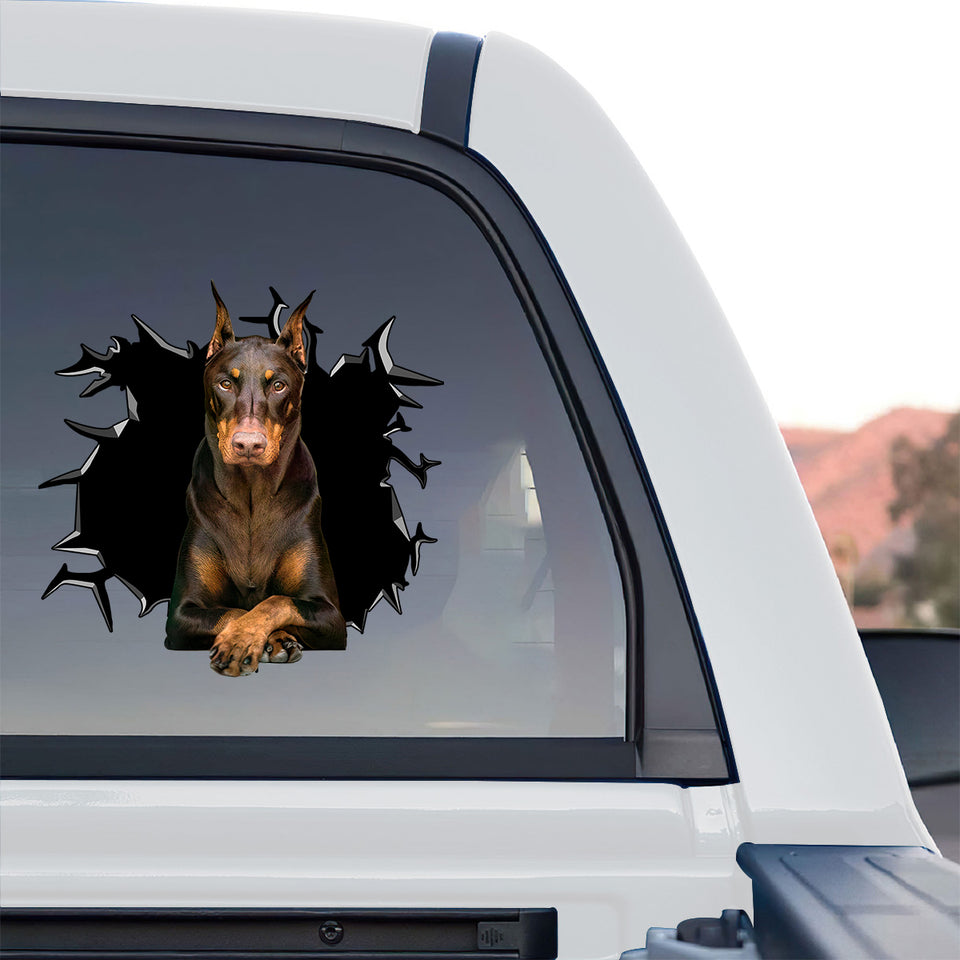 Protective gloss vinyl Doberman graphic sticker styled on the rear window of a truck.