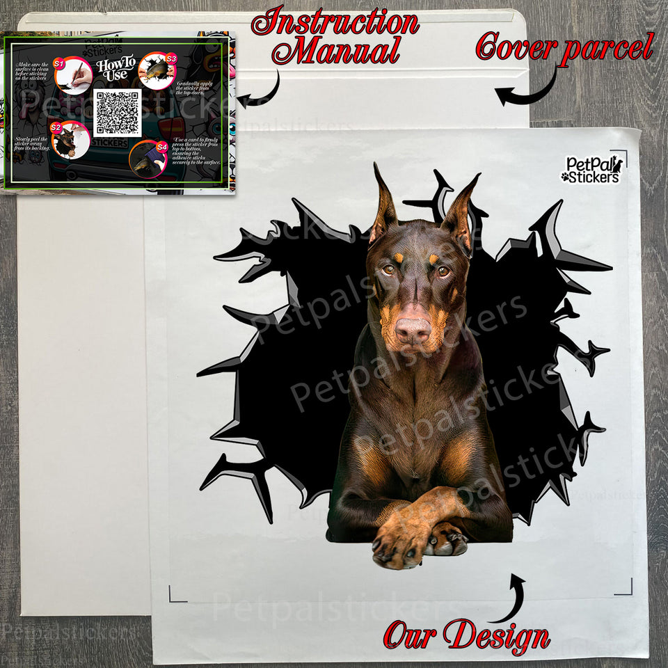 Unopened secure mailing package displaying the clear Doberman sticker and application sheet.