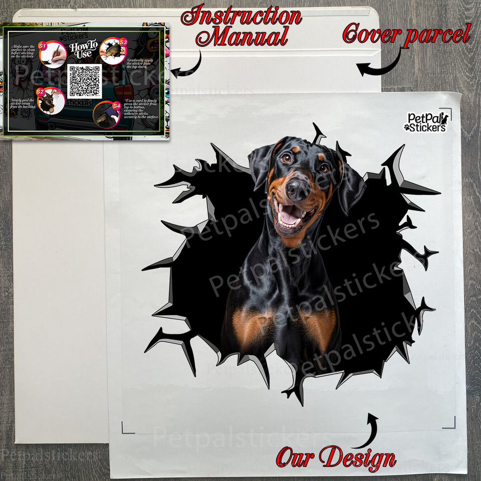 Durable Doberman Pinscher sticker arriving safely in protective shipping package.
