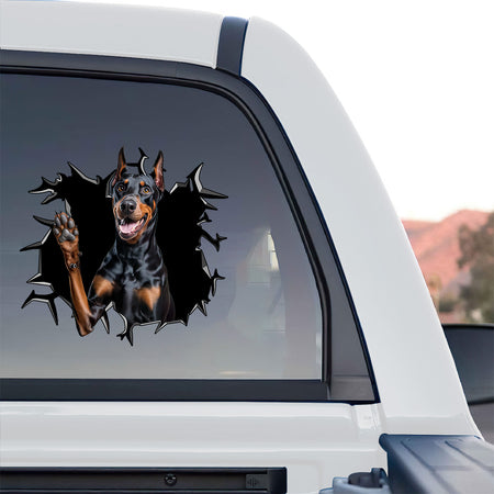 Decorative Doberman Pinscher vinyl sticker applied creatively to a smooth toilet tank.