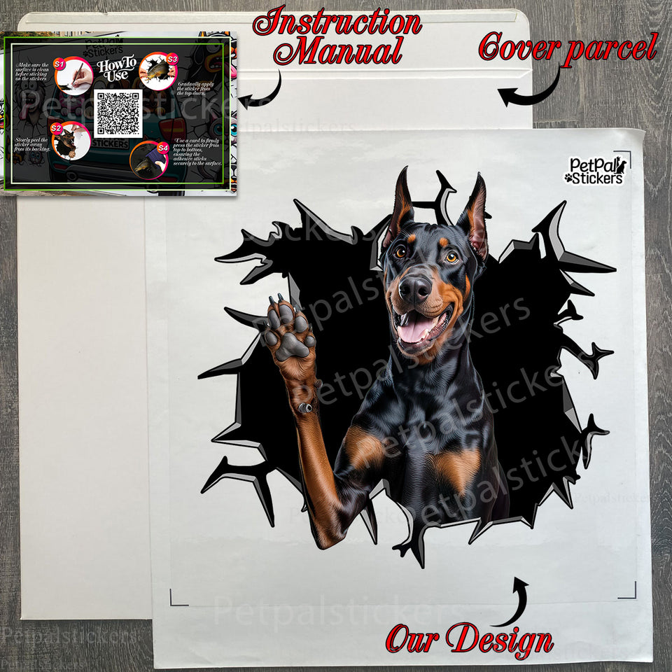 Unboxed Doberman Pinscher decal sticker alongside clear package instructions.