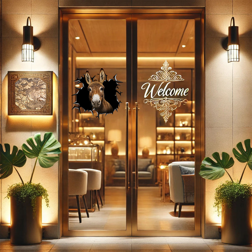 Charming Donkey vinyl sticker positioned prominently on a flat glass entryway door.