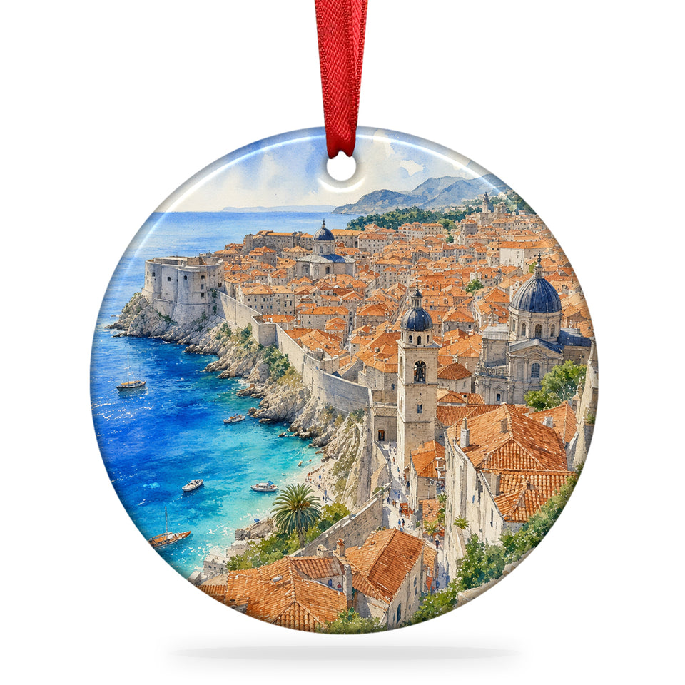 Dubrovnik Old Town ceramic keepsake shown on a plain white background with attached hanging ribbon.