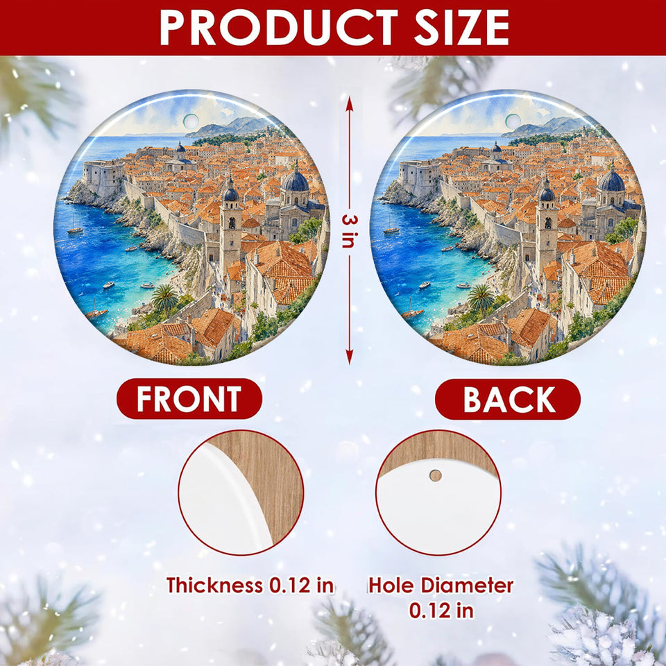 Detailed size chart illustrating the 3-inch round diameter and double-sided ceramic artwork layout.