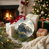 Scottish landmark ornament displayed on a festive mantel beside wrapped holiday gifts and stockings.