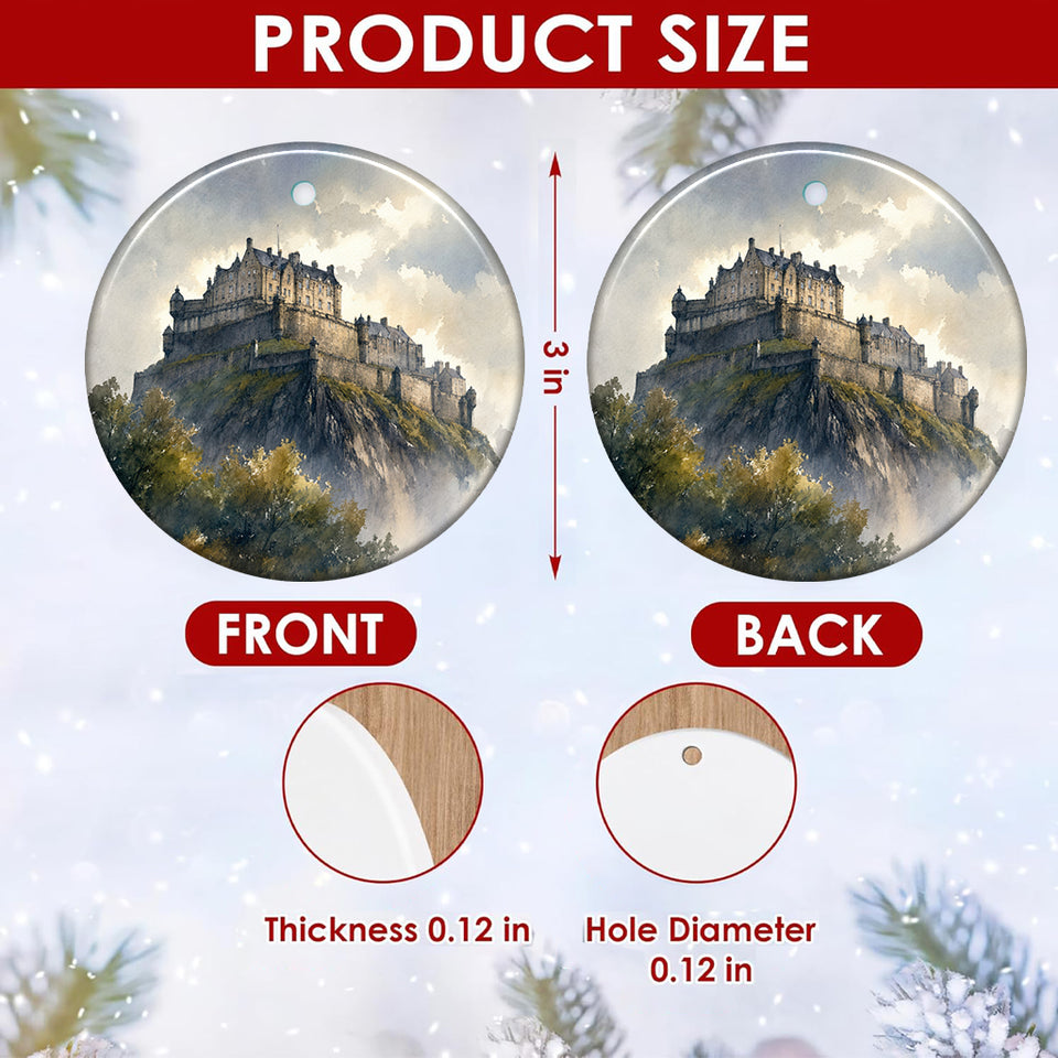 Detailed size chart showing the 3-inch diameter and front-and-back print of the ceramic ornament.