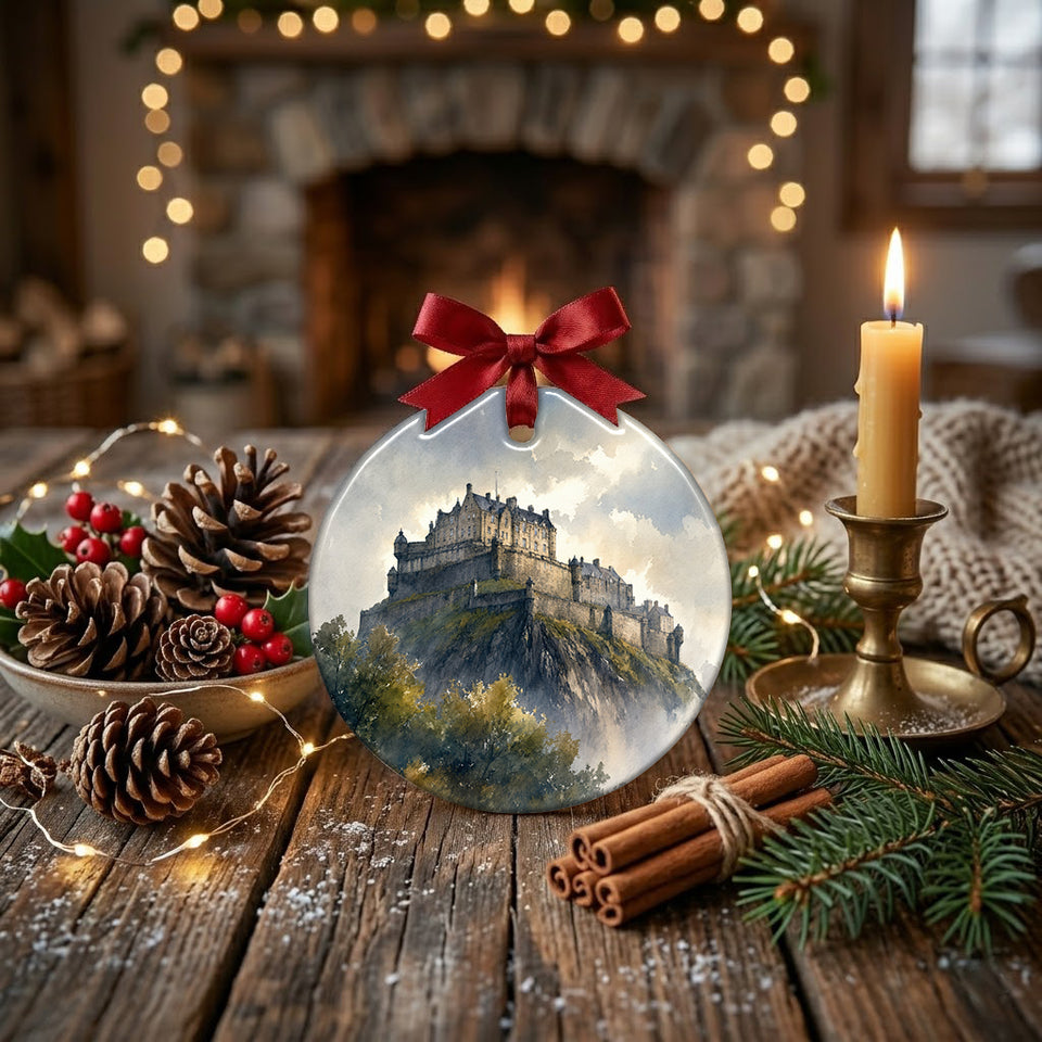 Festive Edinburgh ornament arranged on a rustic table alongside scented pinecones and a candle.