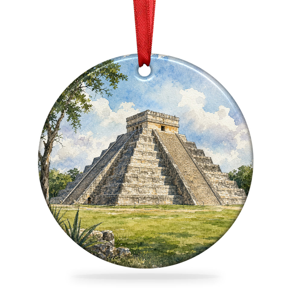 El Castillo Chichén Itzá ceramic ornament centered on a plain white background.