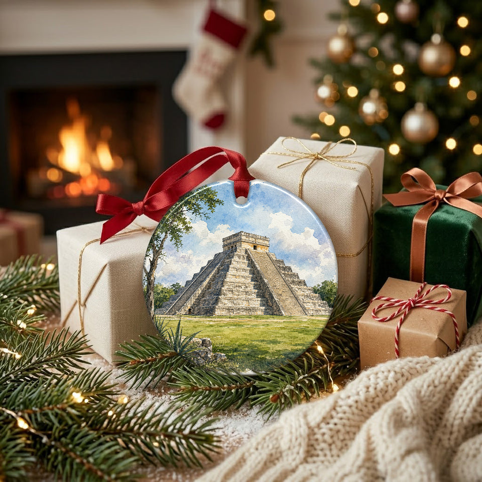 Chichén Itzá ceramic ornament placed near wrapped holiday gifts beside the fireplace.