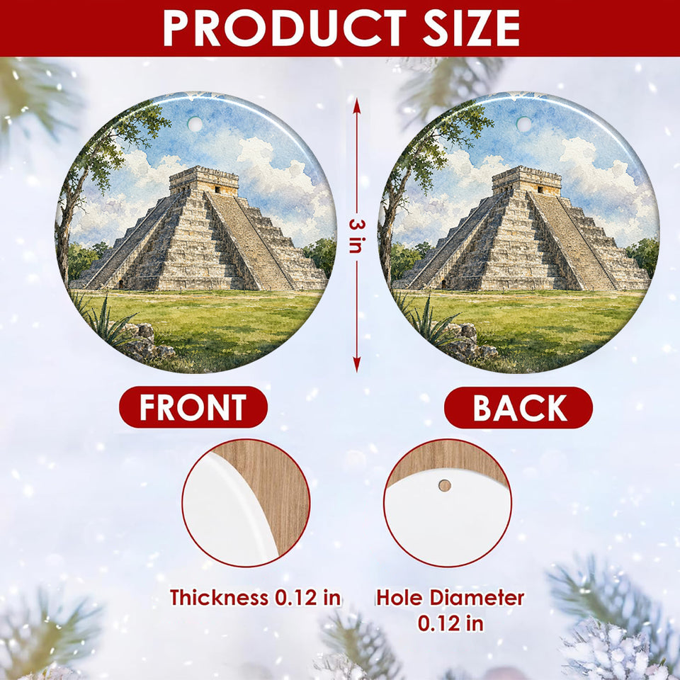 Product size chart showing the 3-inch diameter and double-sided print of the ornament.