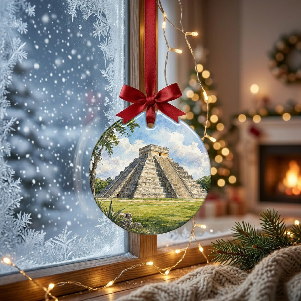 Ceramic temple keepsake suspended near a winter window overlooking frosty daylight.