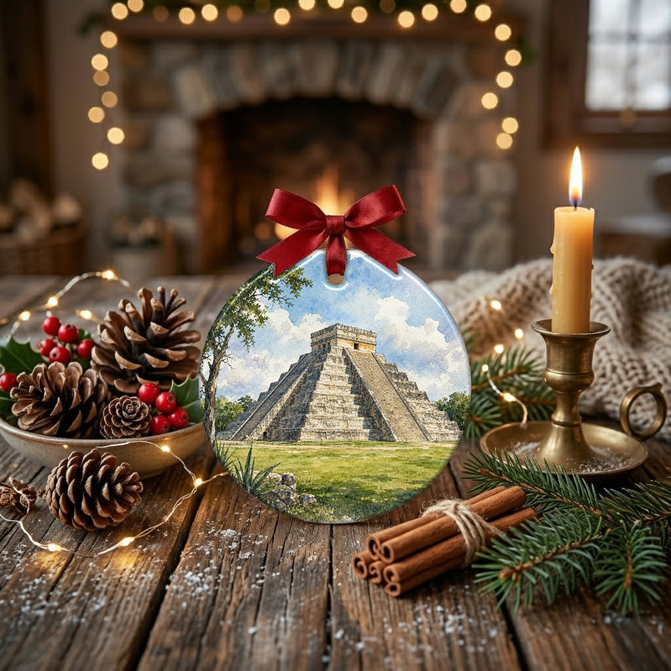 Holiday ornament styled on a rustic table with pinecones and a warm candle.