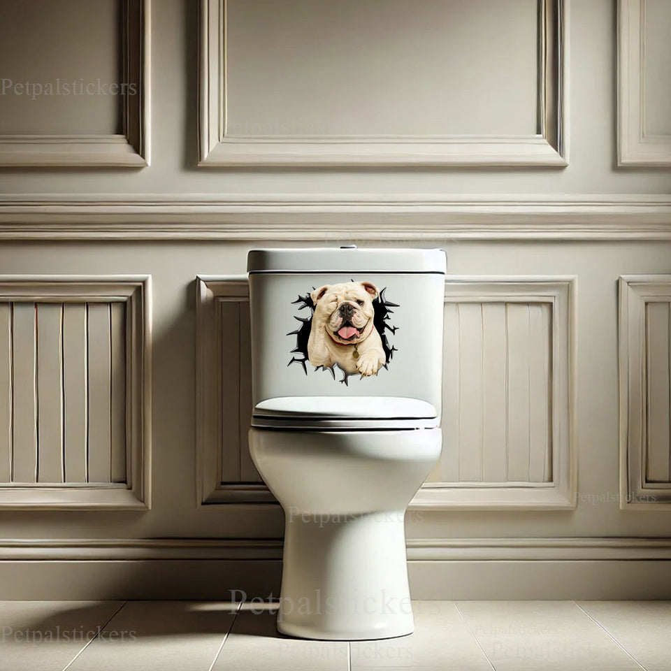 Playful English Bulldog vinyl sticker applied neatly on a white ceramic toilet lid.