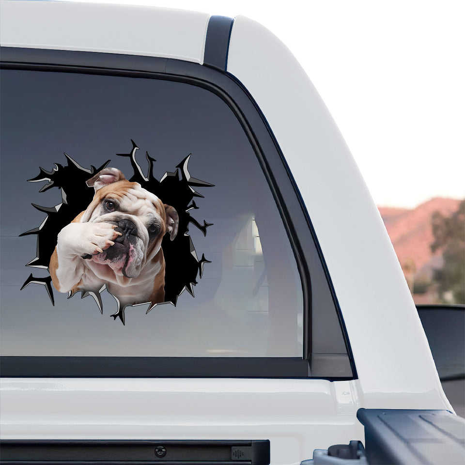 Vibrant English Bulldog sticker applied to the rear window of a truck.