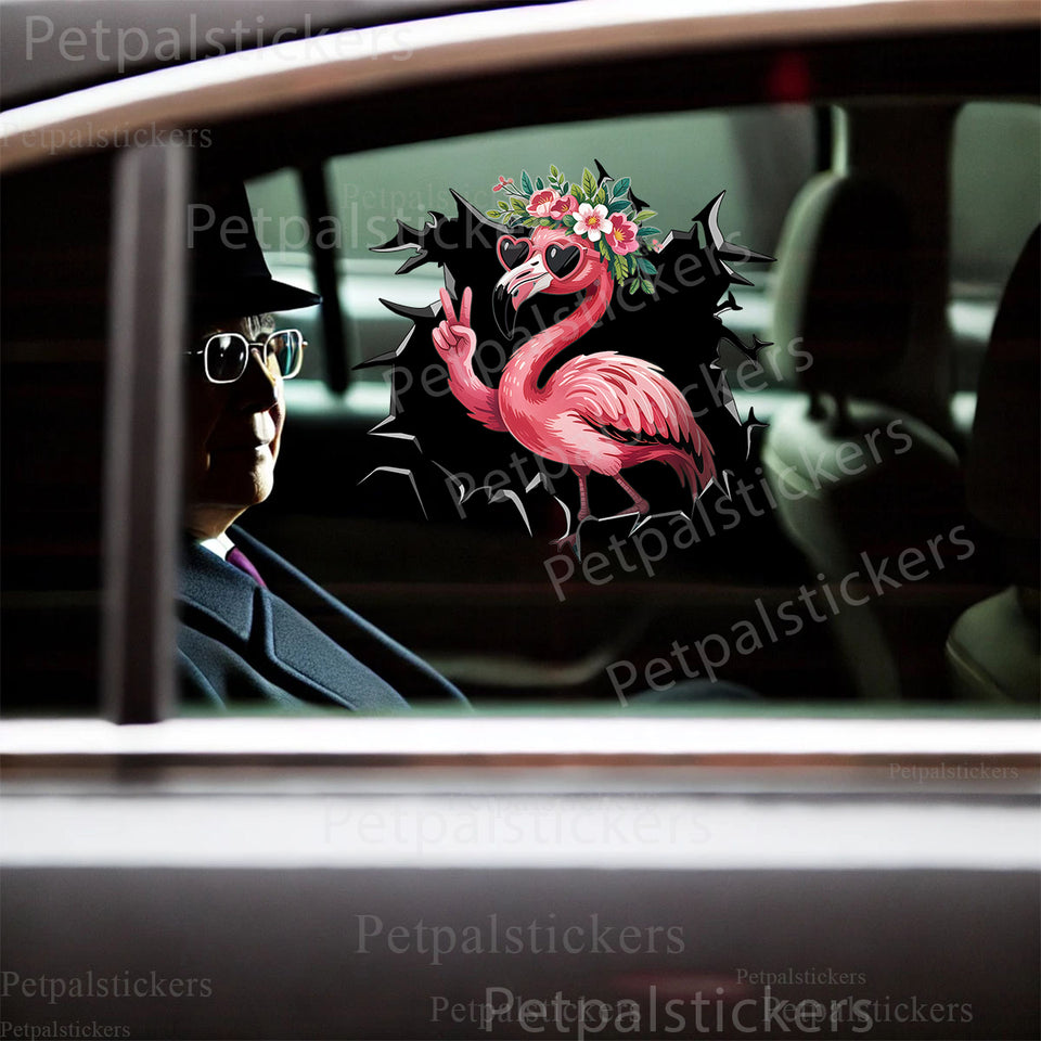 Glossy flamingo vinyl sticker displayed cleanly on a white car door exterior.