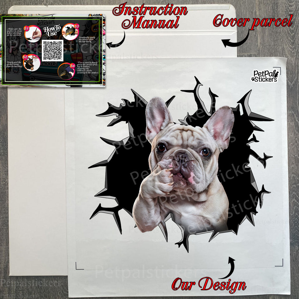 Protective product package containing the French Bulldog decal and clear instructions.