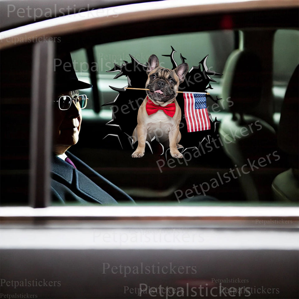 Glossy French Bulldog decal beautifully applied on a white car door exterior in bright sunlight.