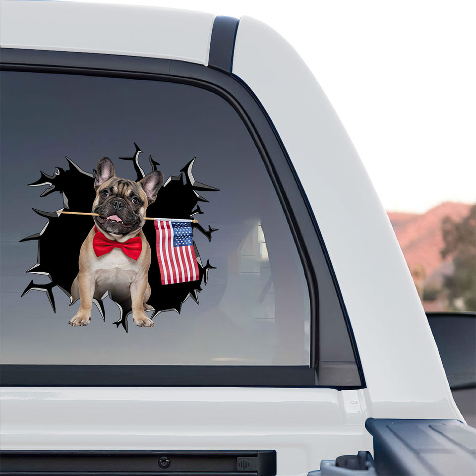Charming French Bulldog sticker decorating the rear window glass of a truck outdoors.