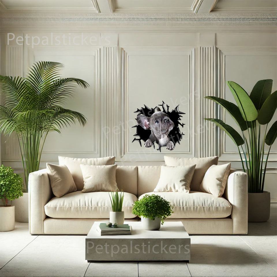 Charming Frenchie art decal decorating an interior wall space in a modern home setup.