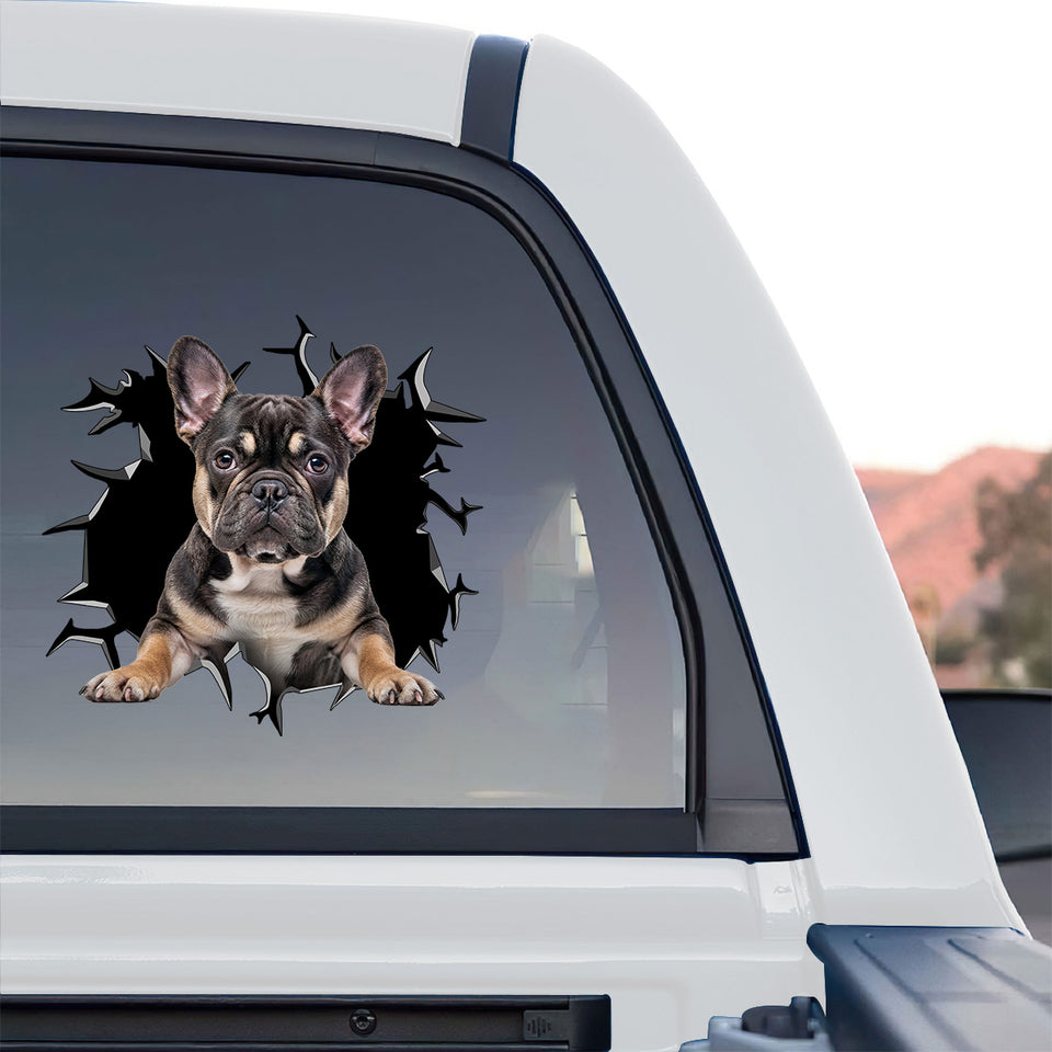Glossy Frenchie dog sticker applied smoothly to the rear window of a truck.