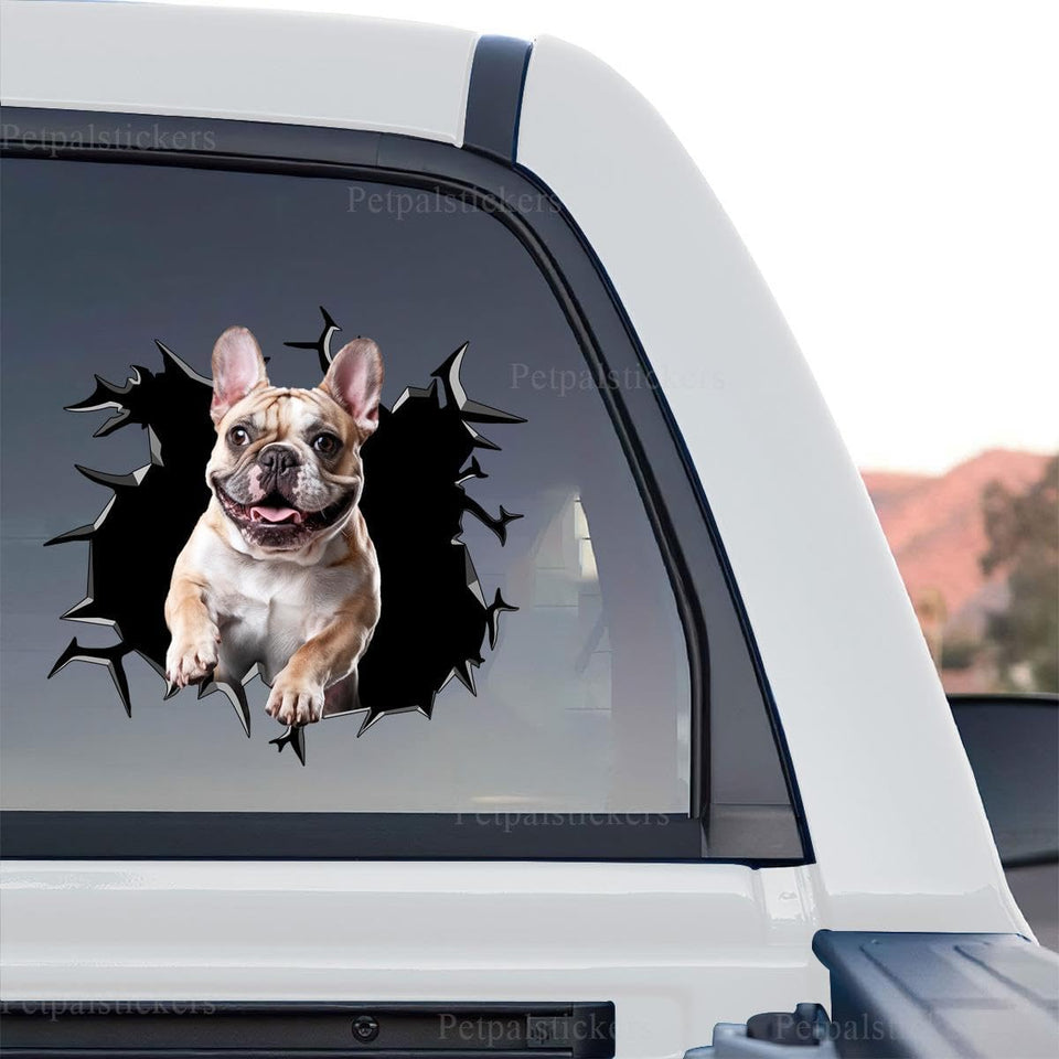 Frenchie decal artwork featuring a standalone product design with realistic cracked glass effect.