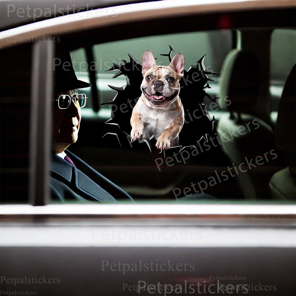 Vibrant Frenchie graphic sticker styled seamlessly on a dark car door exterior.