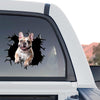 Playful French bulldog sticker displayed clearly on the rear window of a truck.