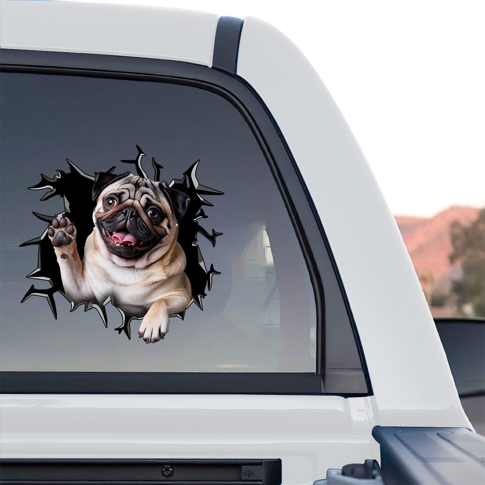 Playful waving Pug face decal displayed clearly on the back window of a truck.