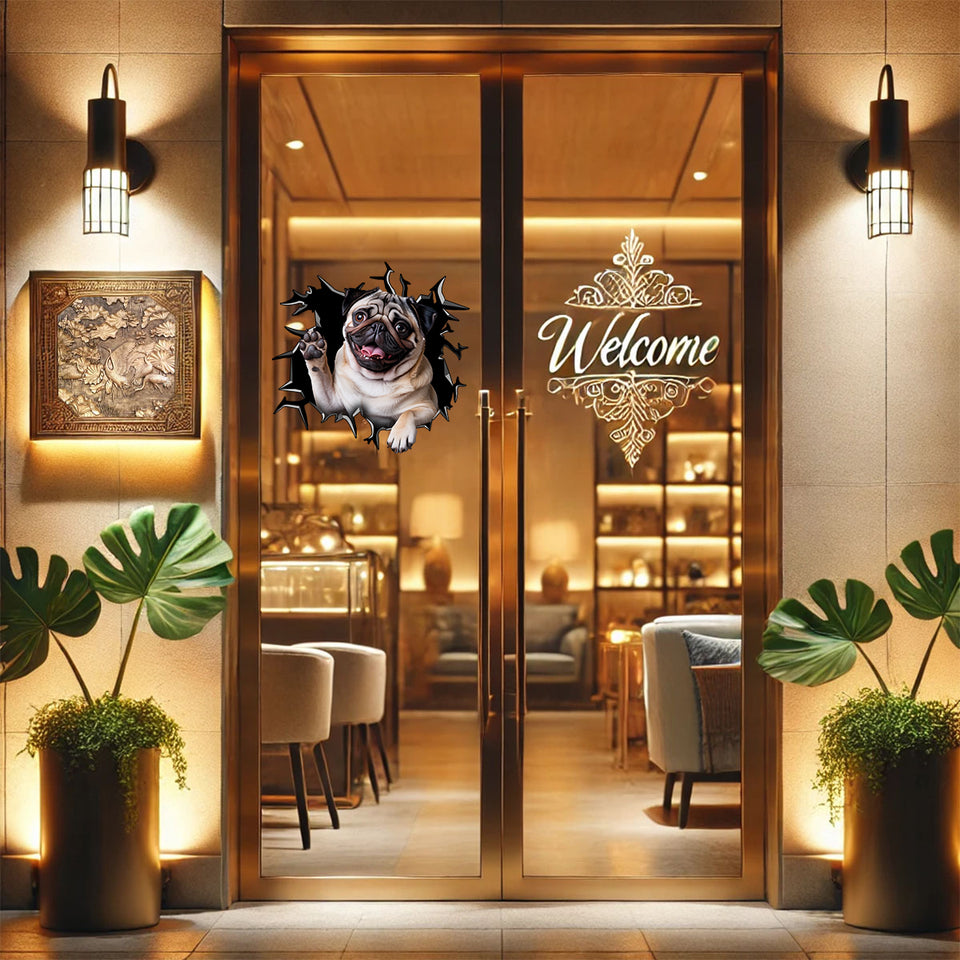 Funny dog sticker featuring a waving Pug placed on a wooden interior home door.