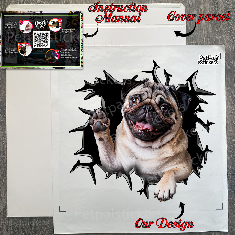 Unopened Pug car decal protective package shown ready for quick gifting and setup.