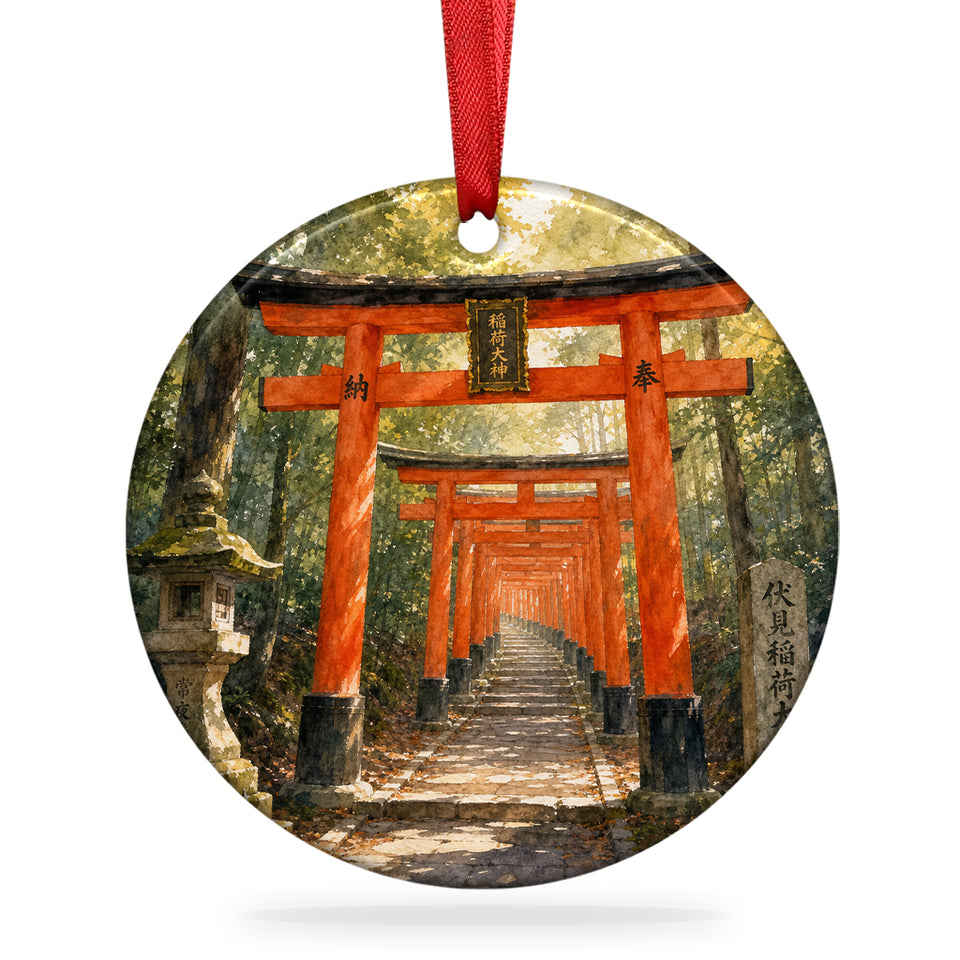 Fushimi Inari Taisha ceramic ornament shown on a clean white background with ribbon.