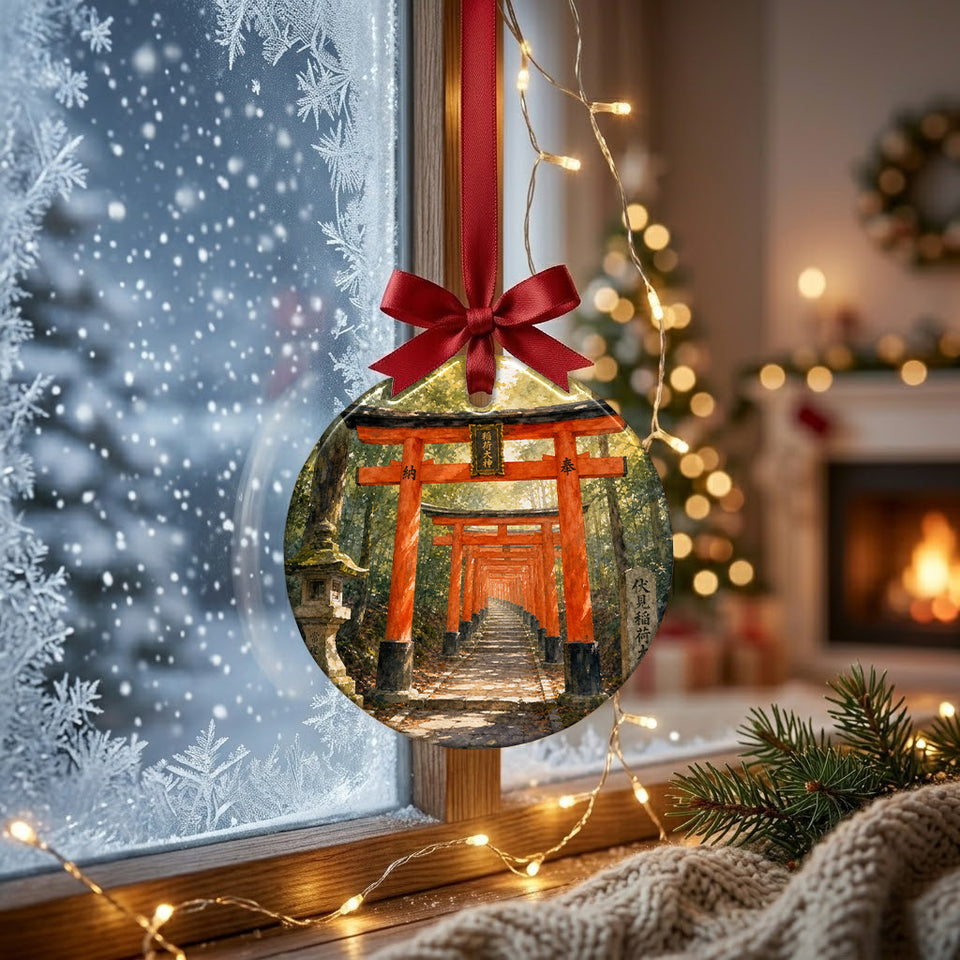 Round ceramic holiday decoration suspended near a frosty winter window in soft daylight.