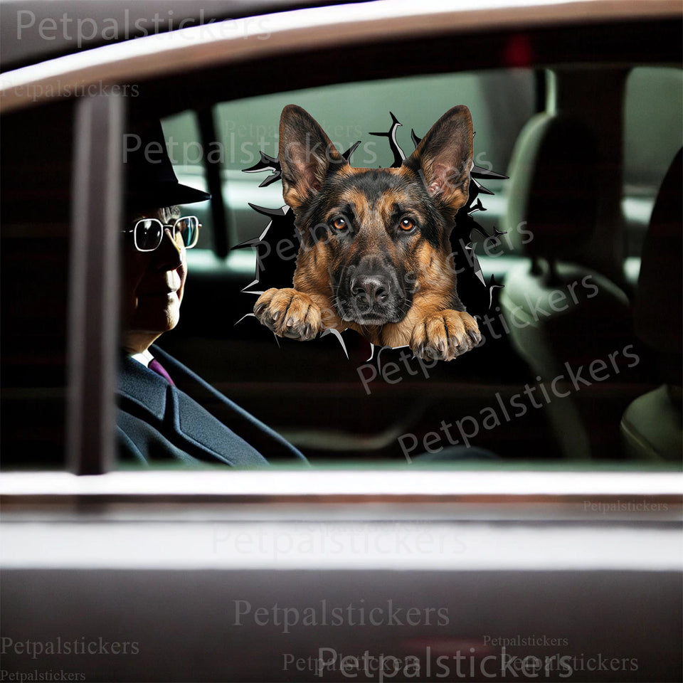 Vibrant German Shepherd sticker displayed on a clean car door exterior surface.