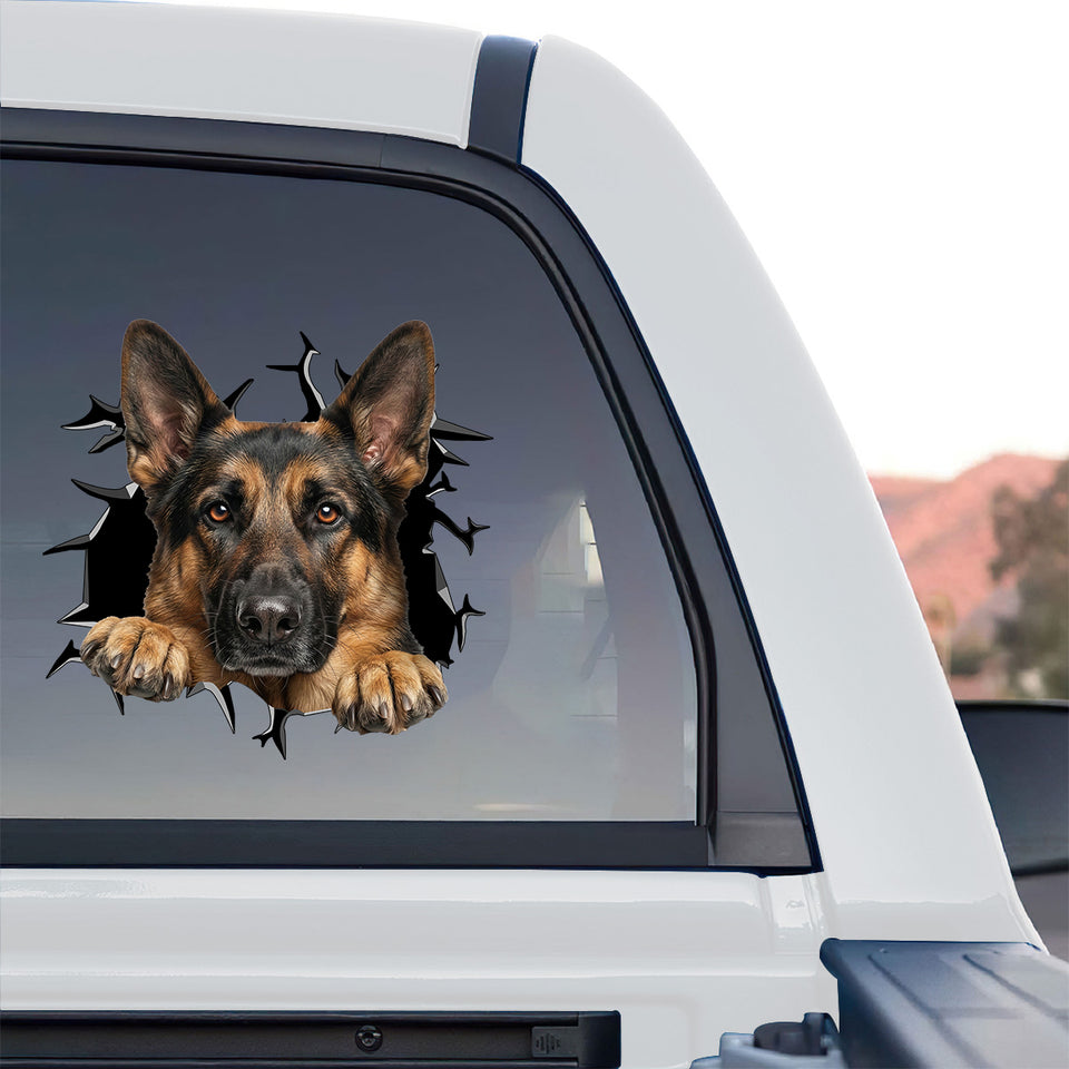 Proud German Shepherd graphic decal adhered to the rear window of a pickup truck.