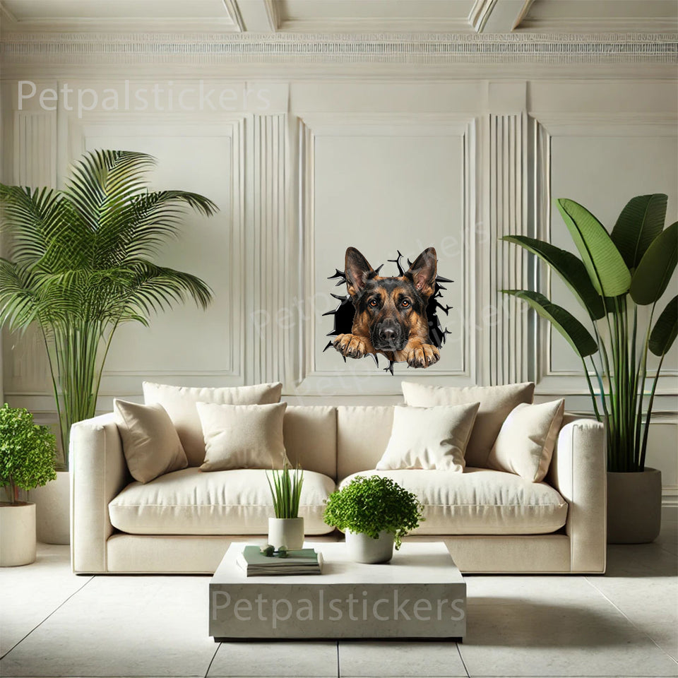 Decorative German Shepherd dog decal styled on a smooth indoor bedroom wall.