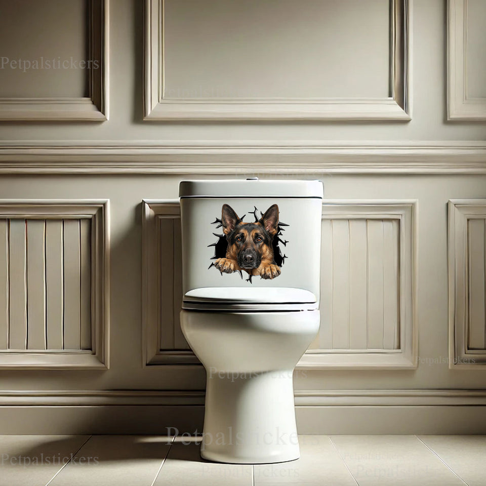 Playful German Shepherd sticker accent placed on a smooth white toilet tank lid.