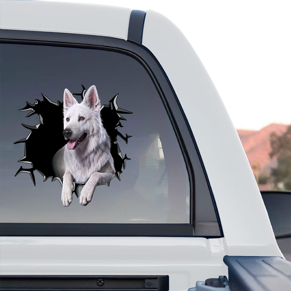 Bold German Shepherd dog sticker applied to the rear window of a truck.