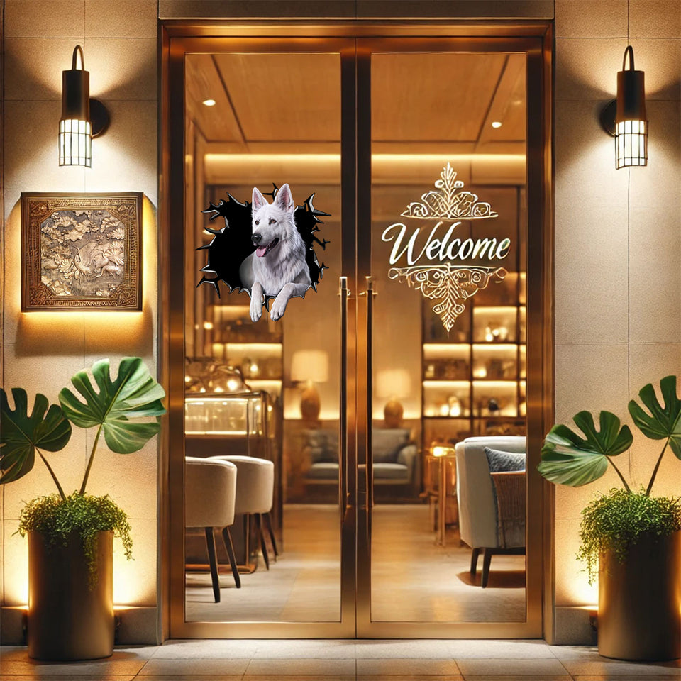 Loyal German Shepherd silhouette sticker decorating a smooth glass front door.