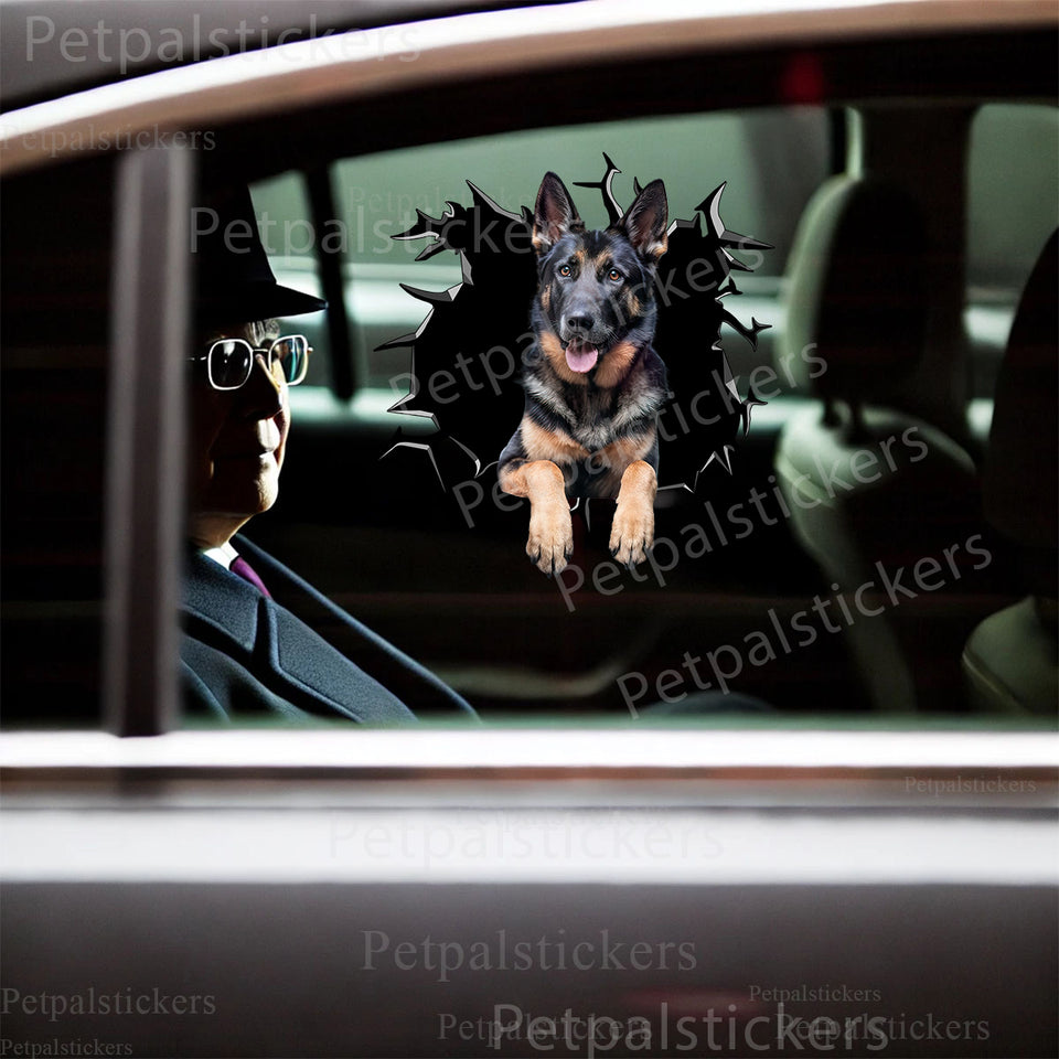 Vibrant German Shepherd decal applied neatly onto a dark car door exterior.