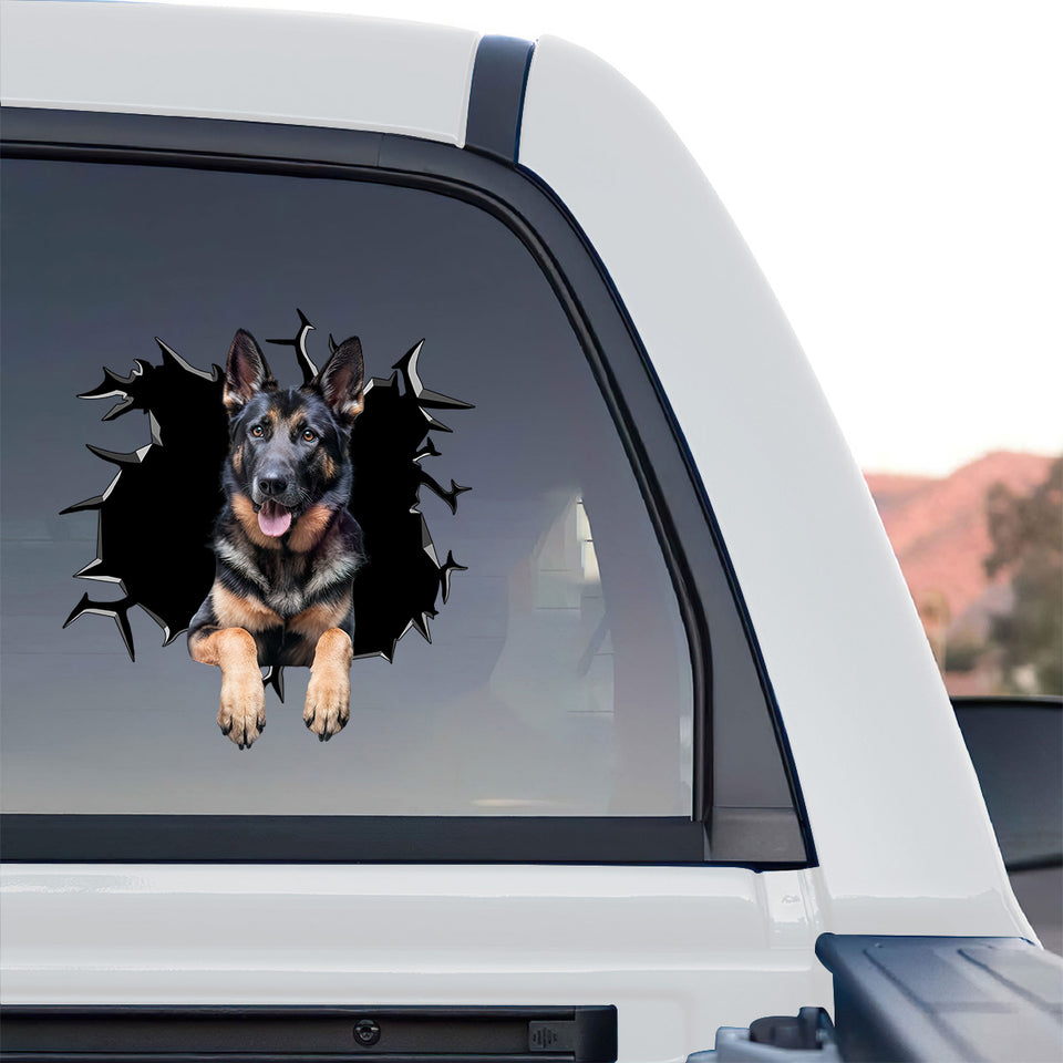 Stunning German Shepherd graphic sticker affixed to the back window of a truck.