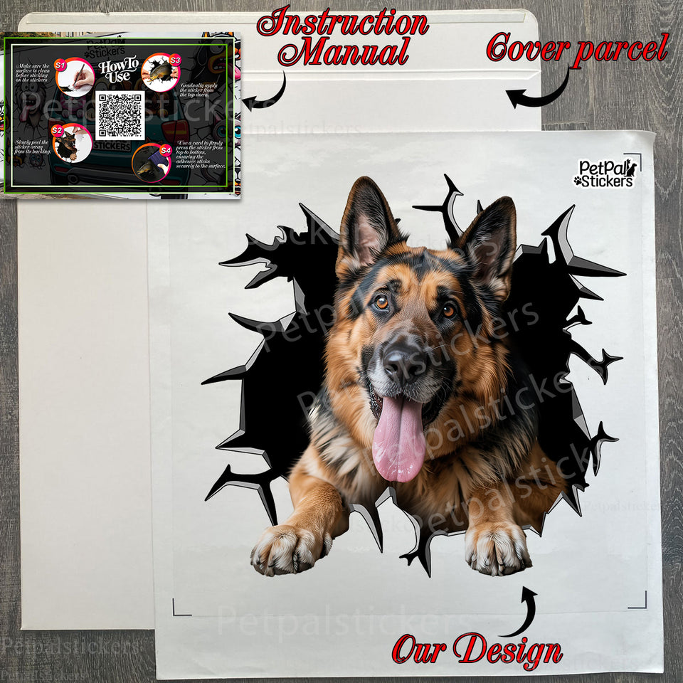 Complete German Shepherd decal kit inside the secure product package with instructions.