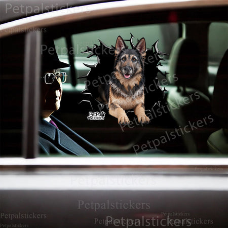 Humorous German Shepherd vinyl sticker featured as creative decor on a smooth toilet lid.