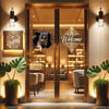 Front glass entrance door displaying a loyal German Shepherd graphic decal clearly.