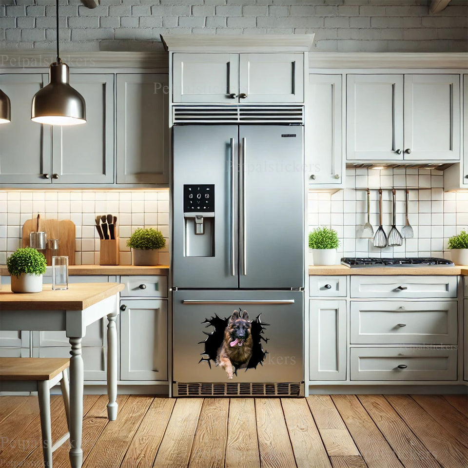 Kitchen refrigerator adorned with an 11x11 inch German Shepherd vinyl sticker.
